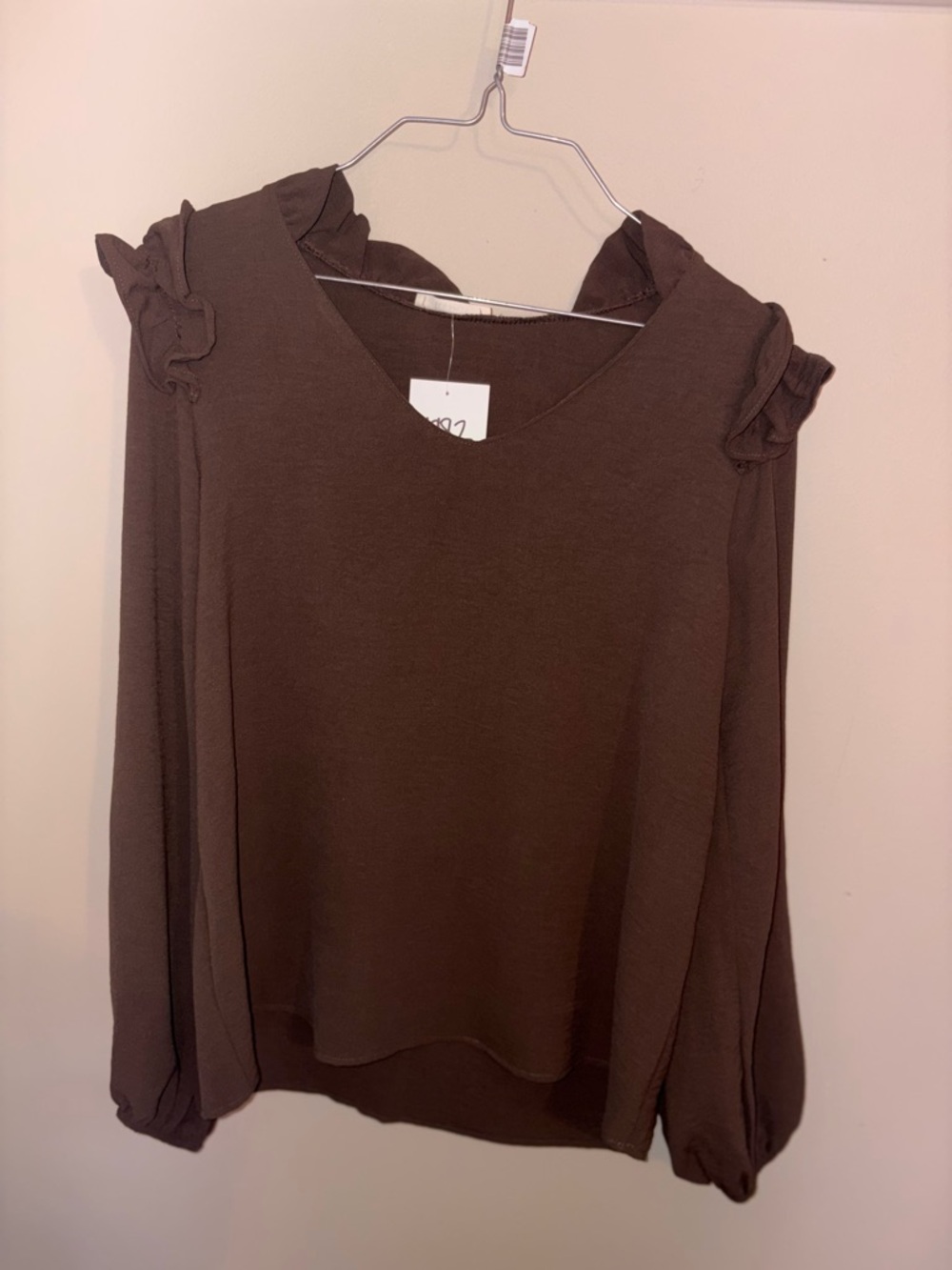 Ces Femme Chocolate Brown Ruffle-Shoulder Long Sleeve Top